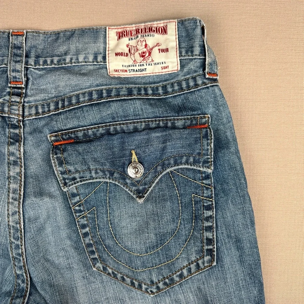 True Religion Ricky Jeans Mens 38x29 Blue Straight Flap Pocket 100% Cotton